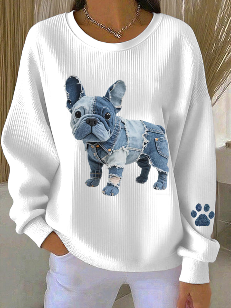 Dames sweatshirt met denim patchwork in Franse buldog-stijl