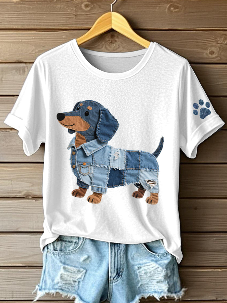 Dames jeans patchwork art dachshund patroon T-shirt