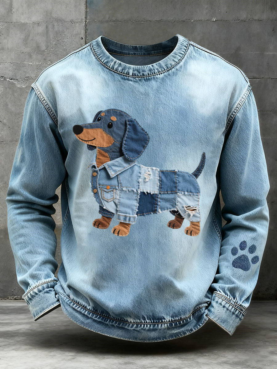 Heren Patchwork Art Teckel Denim Sweatshirt