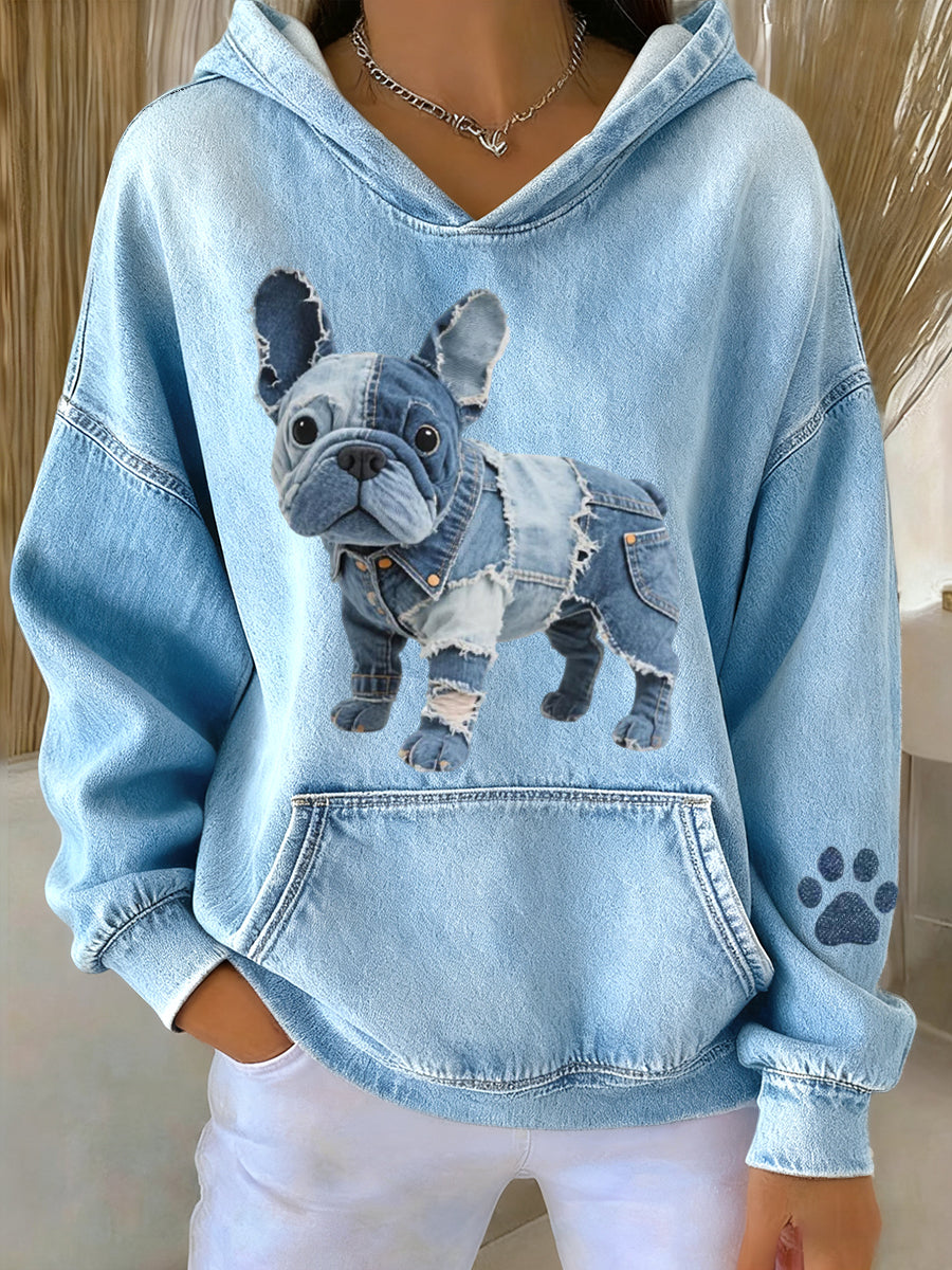 Schattige Franse Bulldog-hoodie met denim patchwork voor dames