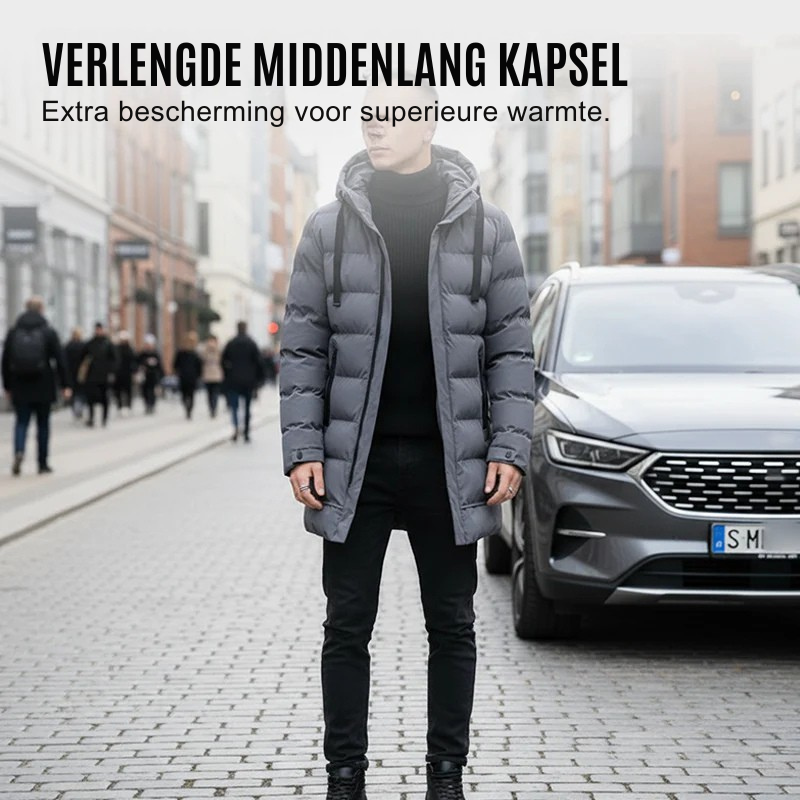 Gevoerde herenjas met capuchon, halflang