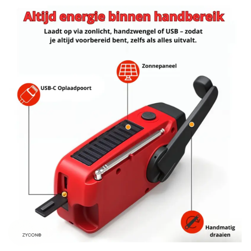 5-in-1 Noodradio | Werkt zonder stroom of internet