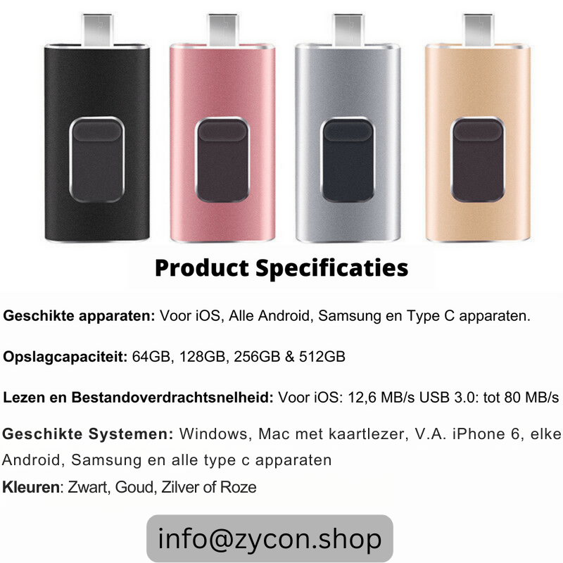 Telefoon vol? Los het op met de 4-in-1 Flashdrive (Elk Apparaat: USB-C, Lightning, USB-A & Micro-USB)