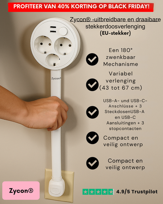 Zycon® Uitschuifbare en draaibare stekkerdoos (EU-stekker)