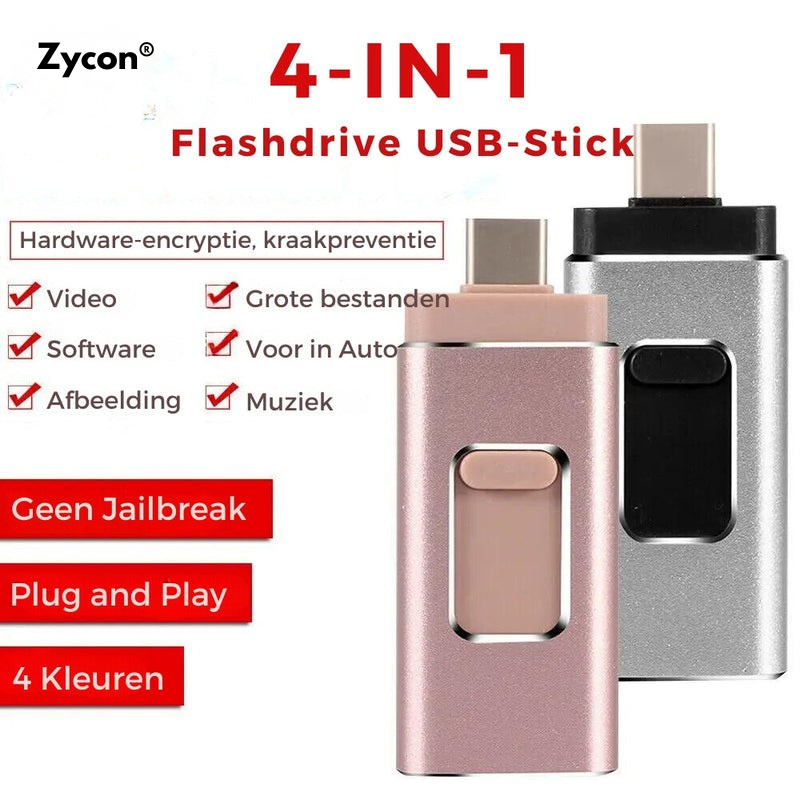 Telefoon vol? Los het op met de 4-in-1 Flashdrive (Elk Apparaat: USB-C, Lightning, USB-A & Micro-USB)