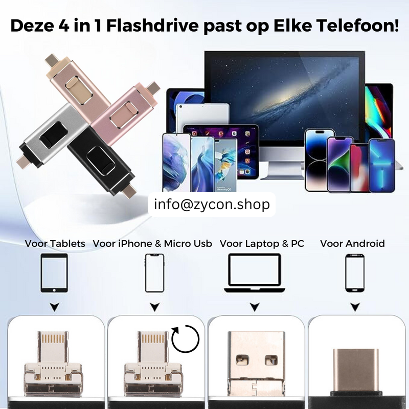 Telefoon vol? Los het op met de 4-in-1 Flashdrive (Elk Apparaat: USB-C, Lightning, USB-A & Micro-USB)