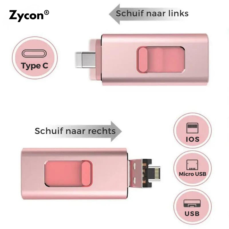 Telefoon vol? Los het op met de 4-in-1 Flashdrive (Elk Apparaat: USB-C, Lightning, USB-A & Micro-USB)