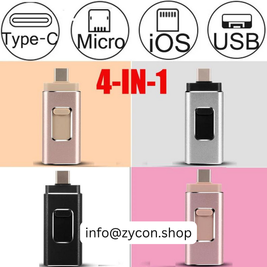 Telefoon vol? Los het op met de 4-in-1 Flashdrive (Elk Apparaat: USB-C, Lightning, USB-A & Micro-USB)