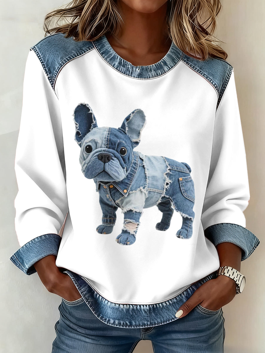 Dames sweatshirt met denim patchwork in Franse buldog-stijl