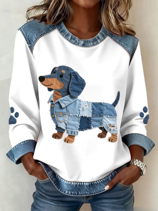 Dames sweatshirt met patchworkmotief en dachshundpatroon