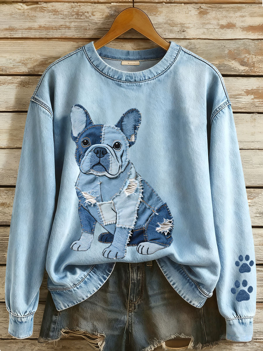 Dames sweatshirt met denim patchwork in Franse buldog-stijl