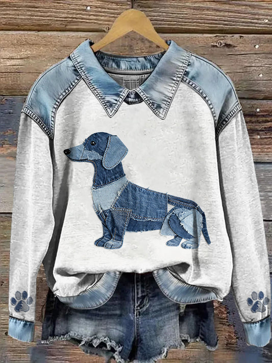 Dames sweatshirt met lange mouwen en denimprint met cowboyprint