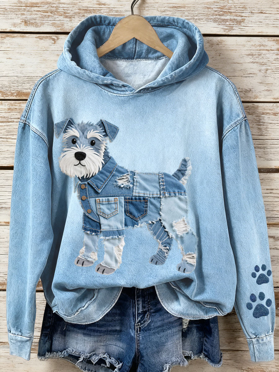 Dames jeans hoodie Patchwork Art Schnauzer met hond motief