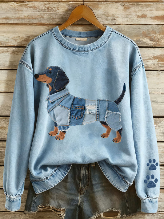 Dames sweatshirt met patchwork denim en dachshund-motief
