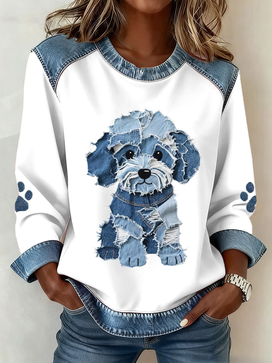 Dames sweatshirt met patchworkmotief en denimprint van een harige hond