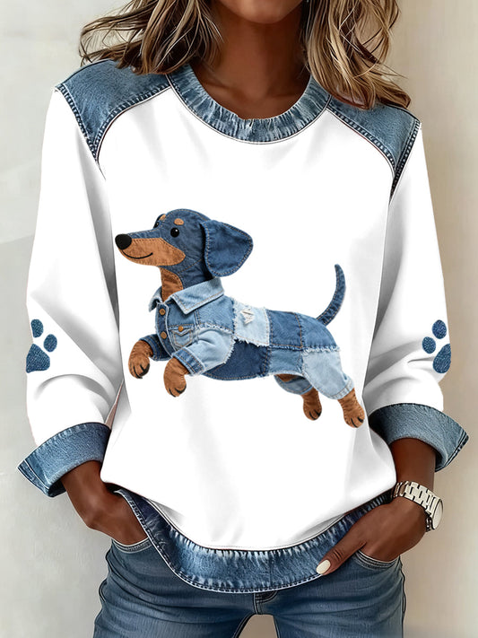 Schattig damessweatshirt met een denim patchworkmotief voor een teckelhond
