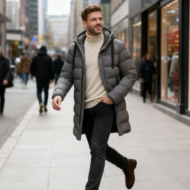 Gevoerde herenjas met capuchon, halflang