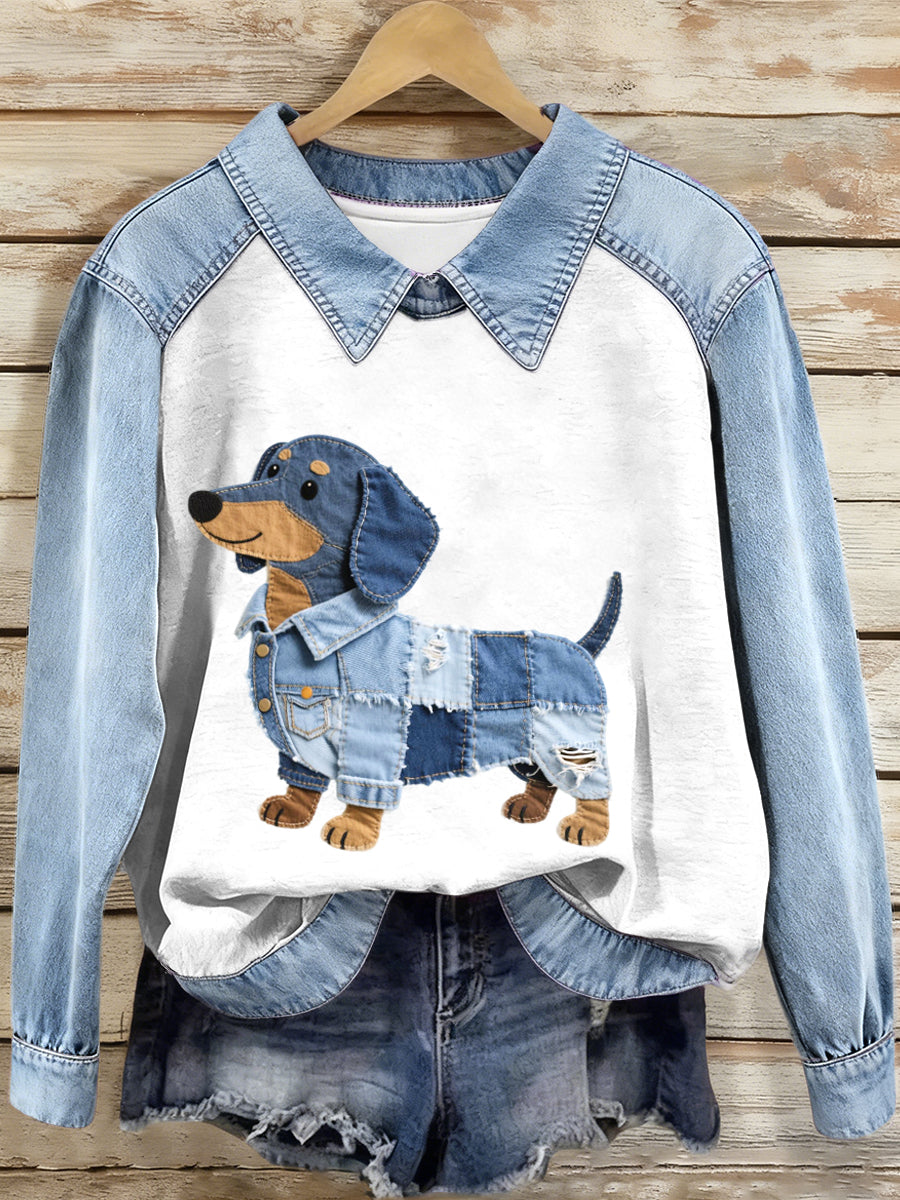 Dames sweatshirt van denim met patchwork en teckel