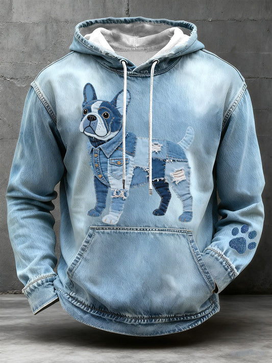 Herenhoodie met patchwork in Franse buldog-stijl