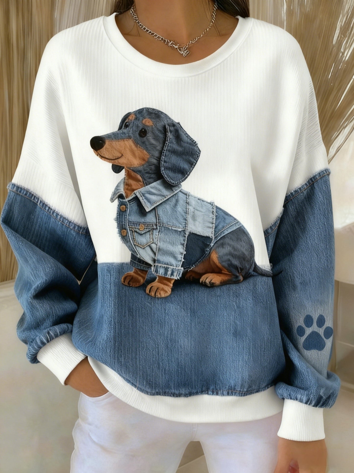 Retro schattige hond patchwork denim stof teckel print casual sweatshirt met lange mouwen