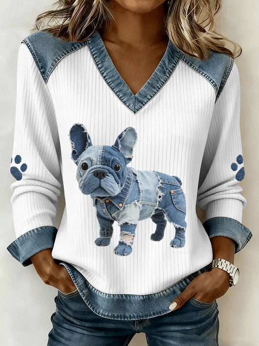 Dames bulldog Frans model jeans patchwork artistieke top met V-hals
