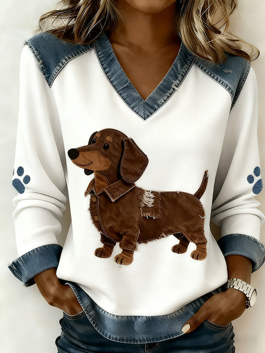 Retro damestop met V-hals Patchwork met dierenprint, comfortabele top met losse pasvorm