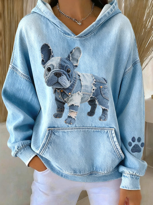 Schattige Franse Bulldog-hoodie met denim patchwork voor dames
