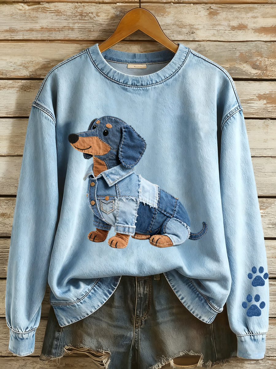 Patchwork-sweatshirt voor dames met dachshund-motief en hondendessin