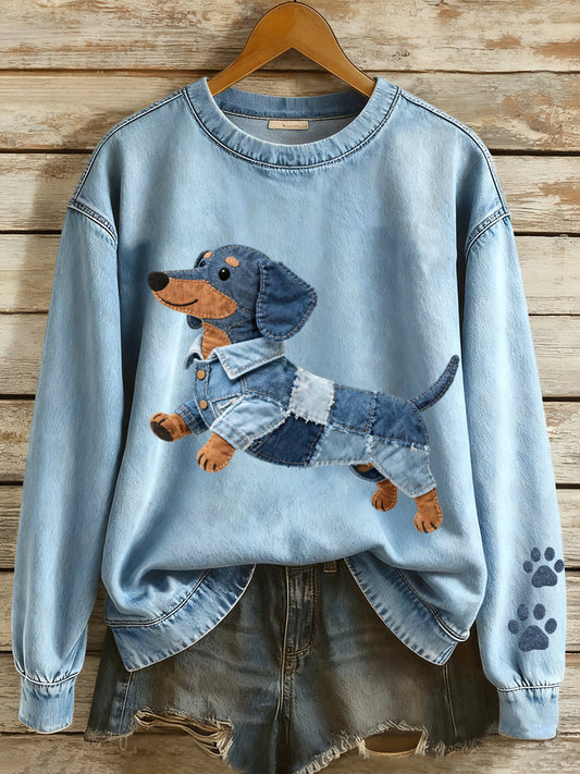 Patchwork-sweatshirt voor dames met dachshund-motief en hondendessin