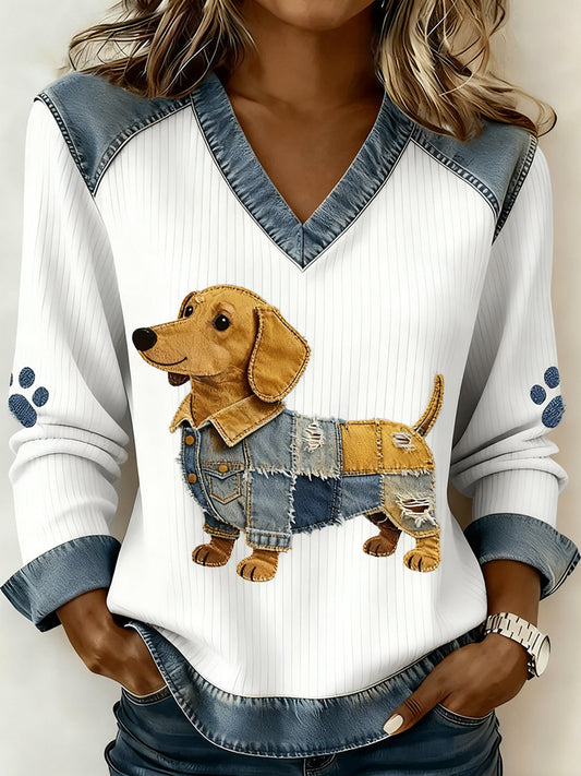 Dames Retro V-hals Patchwork Dierenprint Casual Comfort Top