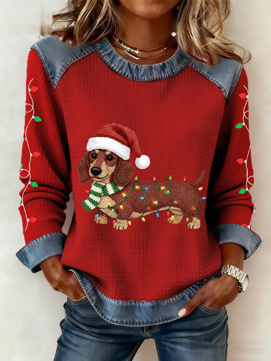 Dameskerstverlichting Dachshund-print Casual denim patchwork top