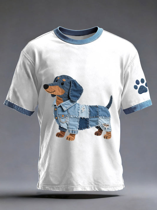 Heren denim patchwork kunst dachshund hond patroon gewassen T-shirt