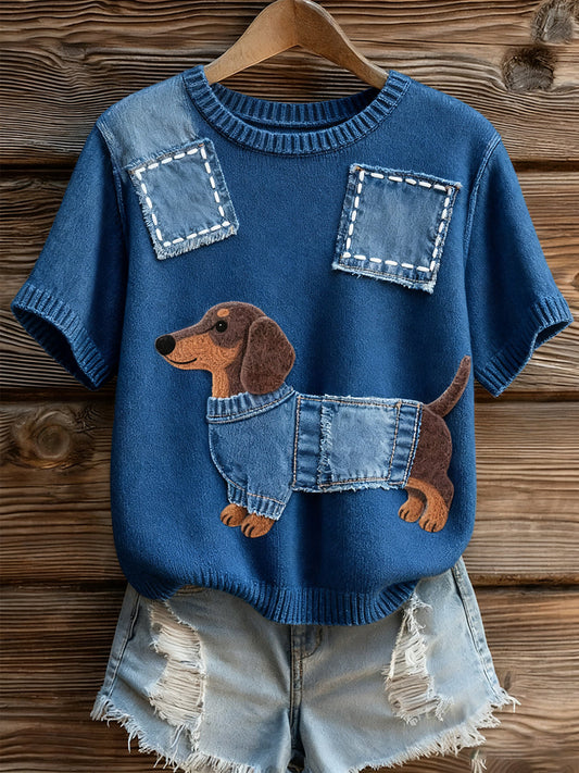 Dames artistieke dierenprint comfortabele gebreide top met korte mouwen