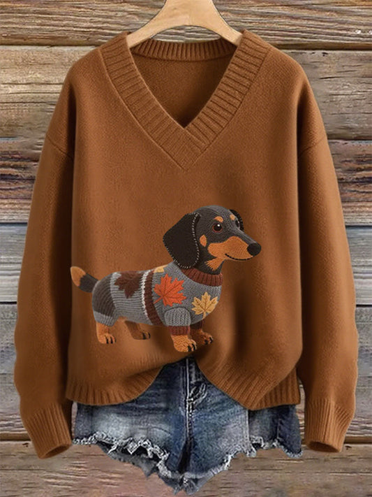 Dames herfst hond kunstprint lange mouwen imitatie V-hals truien