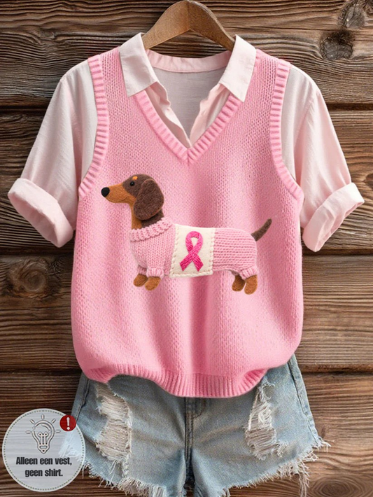 Damesvest van vilt met artistiek teckelpatroon, gezellig gebreid